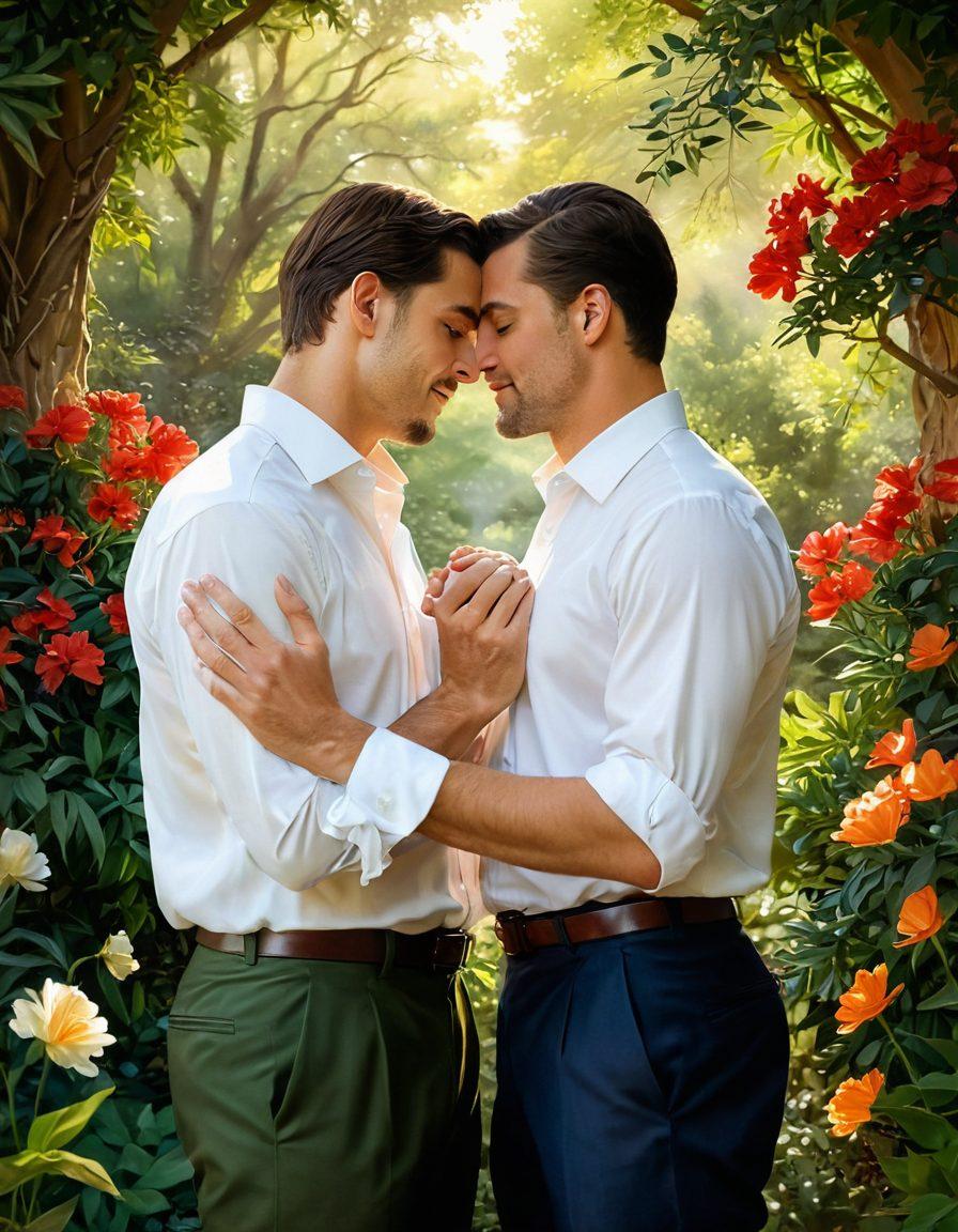 An intimate scene depicting two men sharing a heartfelt moment, surrounded by a serene natural setting, conveying deep emotional connection and tenderness. Their expressions reflect passion and understanding, with soft, warm lighting enhancing the atmosphere. Include subtle floral elements in the background to symbolize love and growth. impressionistic style. vibrant colors.