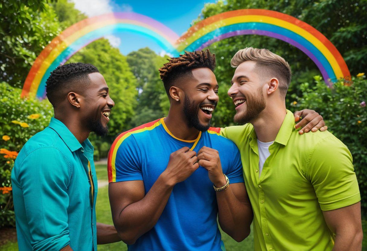 A vibrant scene depicting a diverse group of joyful men sharing an intimate moment, laughing and embracing in a lush green park. The background features rainbow decorations and a bright blue sky, symbolizing acceptance and unity. There are subtle symbols of love and friendship throughout the image, such as heart shapes and intertwined hands. The overall ambiance is warm and celebratory, reflecting the essence of male closeness and queer community. vibrant colors. super-realistic.