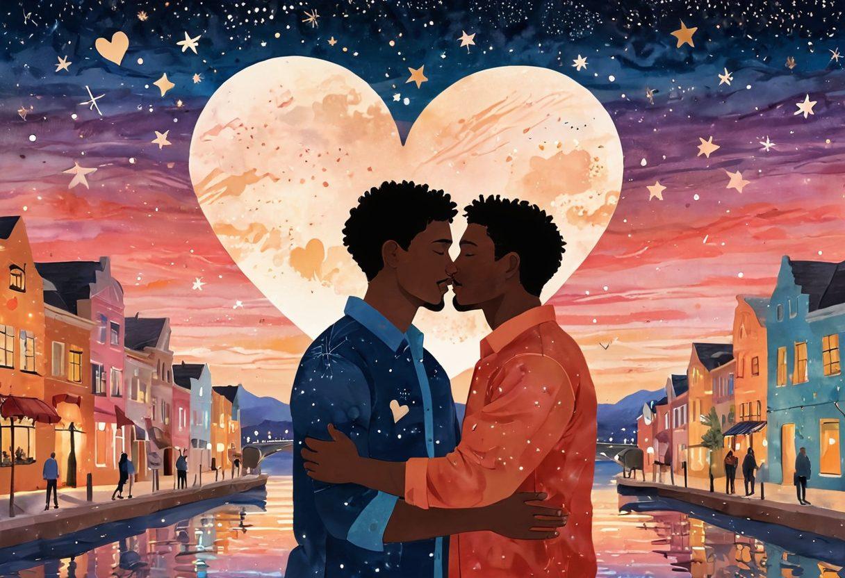 A heartfelt illustration of two diverse men sharing a tender moment under a starry sky, surrounded by symbols of love like hearts and intertwined hands. The background features soft, dreamy colors to evoke emotions, with elements representing both hookups and deeper connections intertwined, such as a sunset and cozy café. Add subtle imagery of landmarks suggesting exploration and intimacy. vibrant colors. dreamy style.
